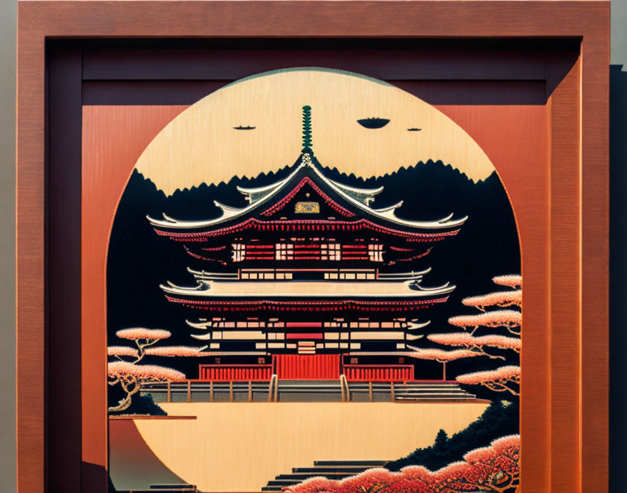 Japanese Temple Artwork with Cherry Blossoms in Circular Frame