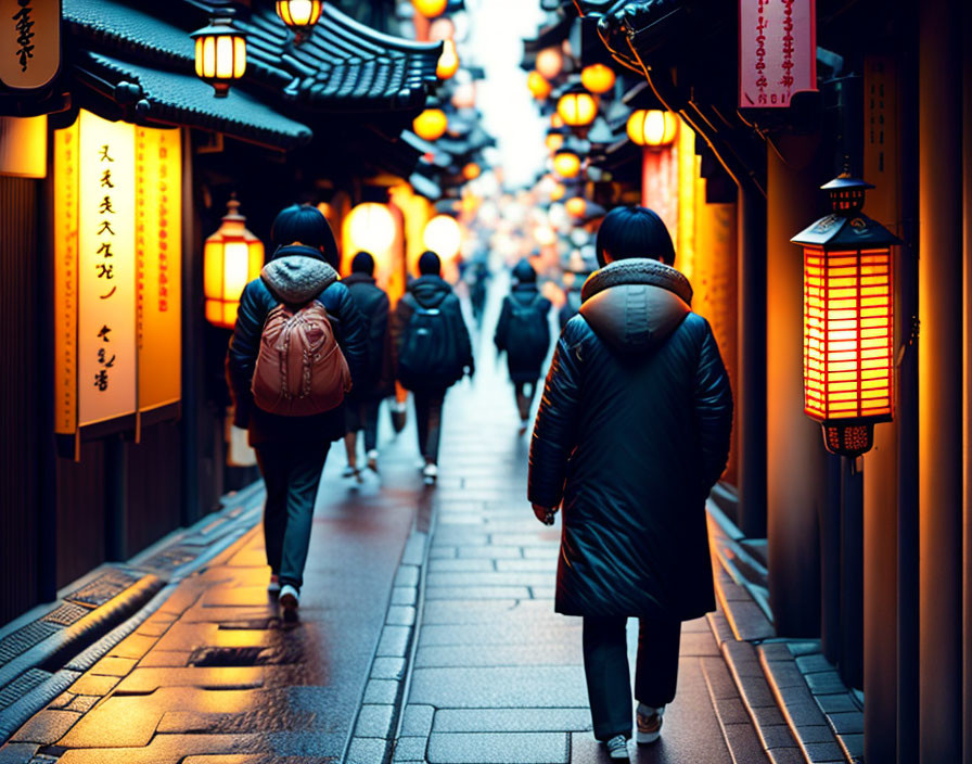 Traditional alleyway with hanging lanterns at dusk