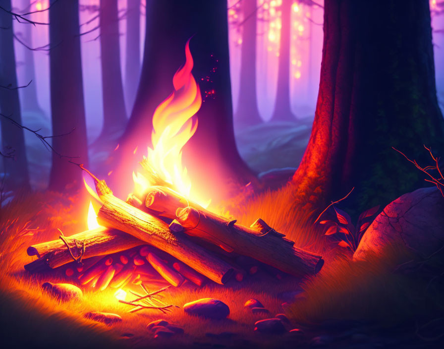 Vibrant campfire amidst mystical forest with glowing trees