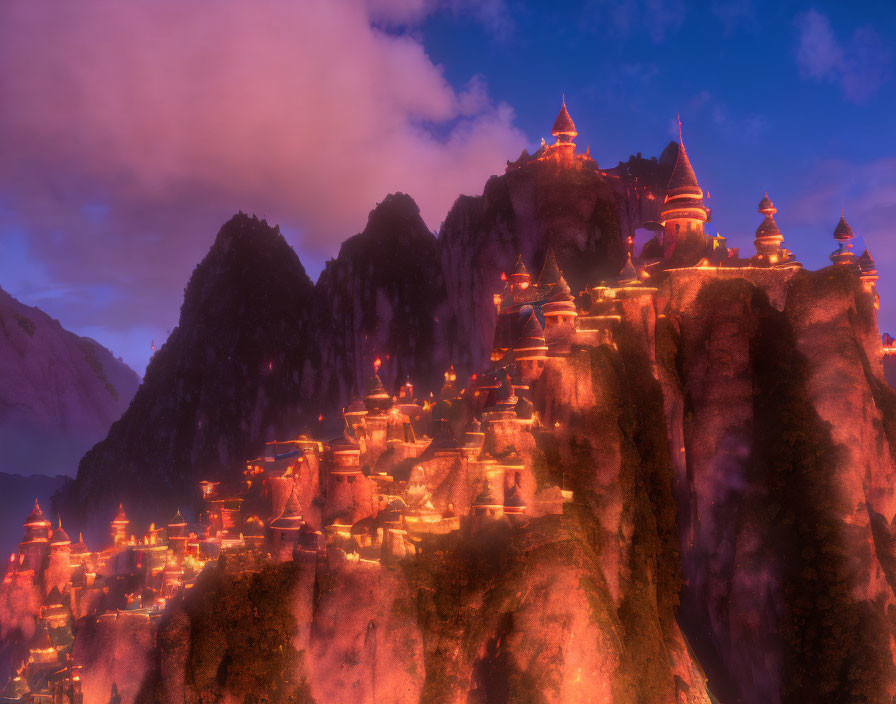 Mystical mountain landscape with illuminated temples at dusk