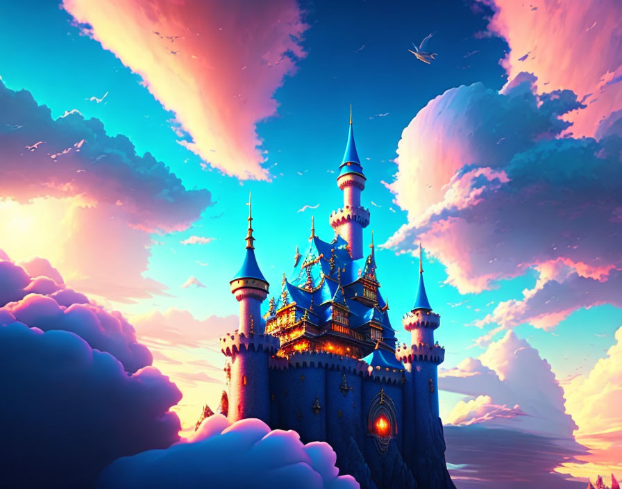 Fantastical castle on clouds at sunset with pink and blue sky.