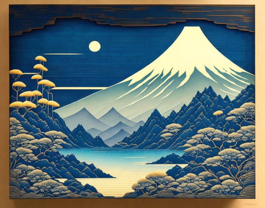 Mount Fuji illustration in blue and yellow color scheme with mountains, river, trees, and full moon.