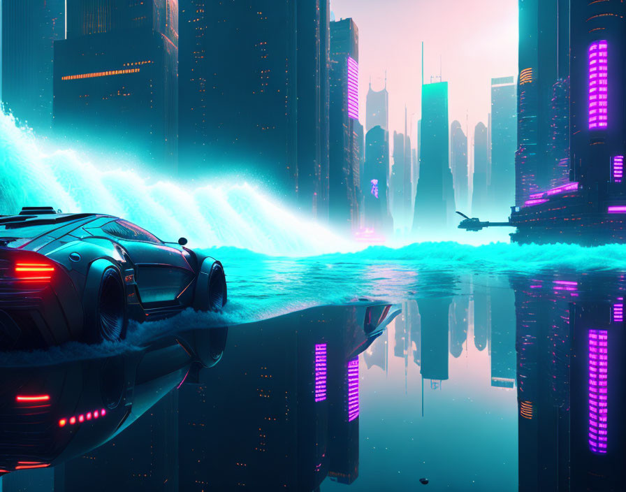 Futuristic cityscape with neon lights and flying vehicles at twilight