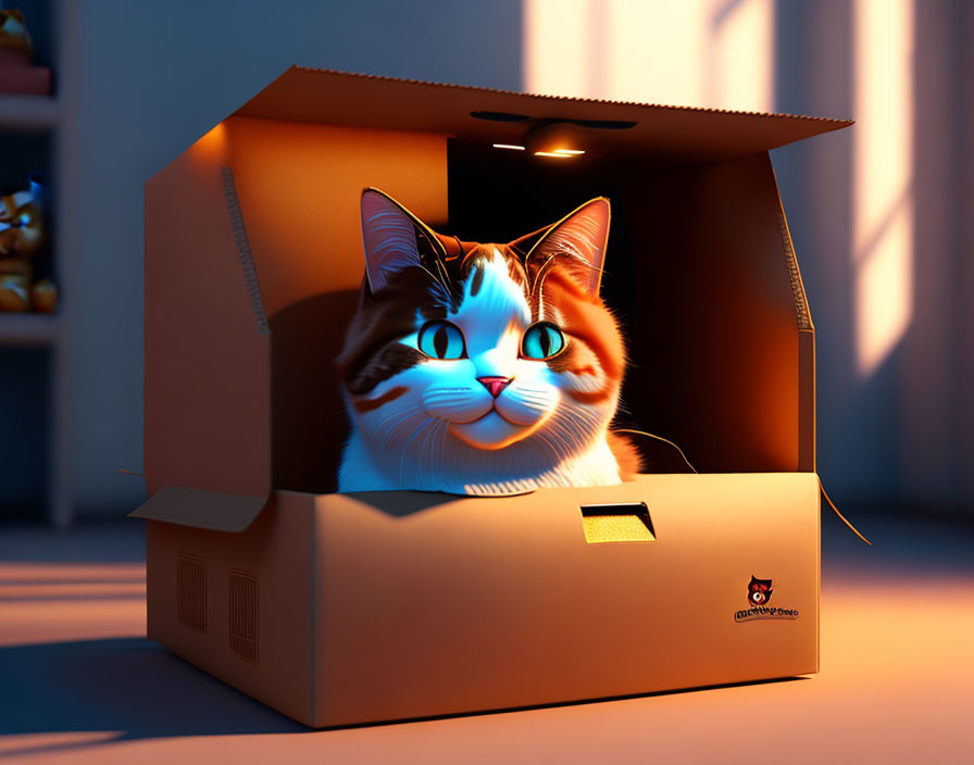 Photorealistic cat head in cardboard box under warm sunlight