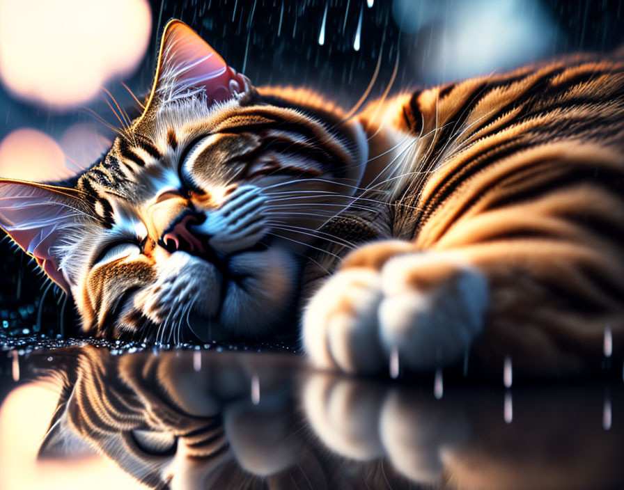 Tabby cat napping on reflective surface with raindrops under soft blue light