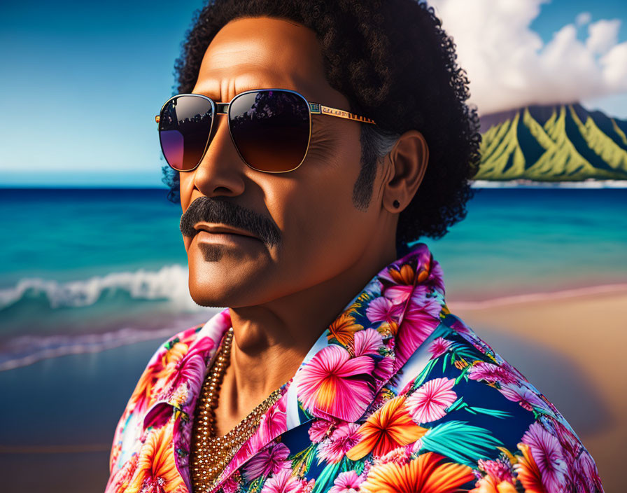 Man with Afro, Sunglasses, and Floral Shirt on Tropical Beach