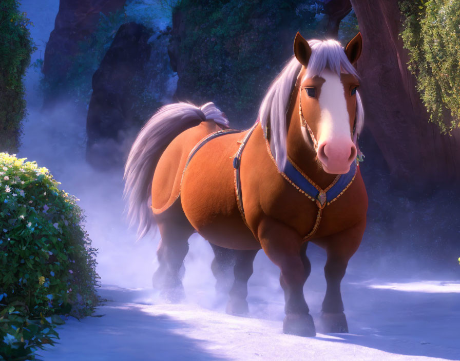 Blond-maned animated horse in brown harness amidst misty greenery