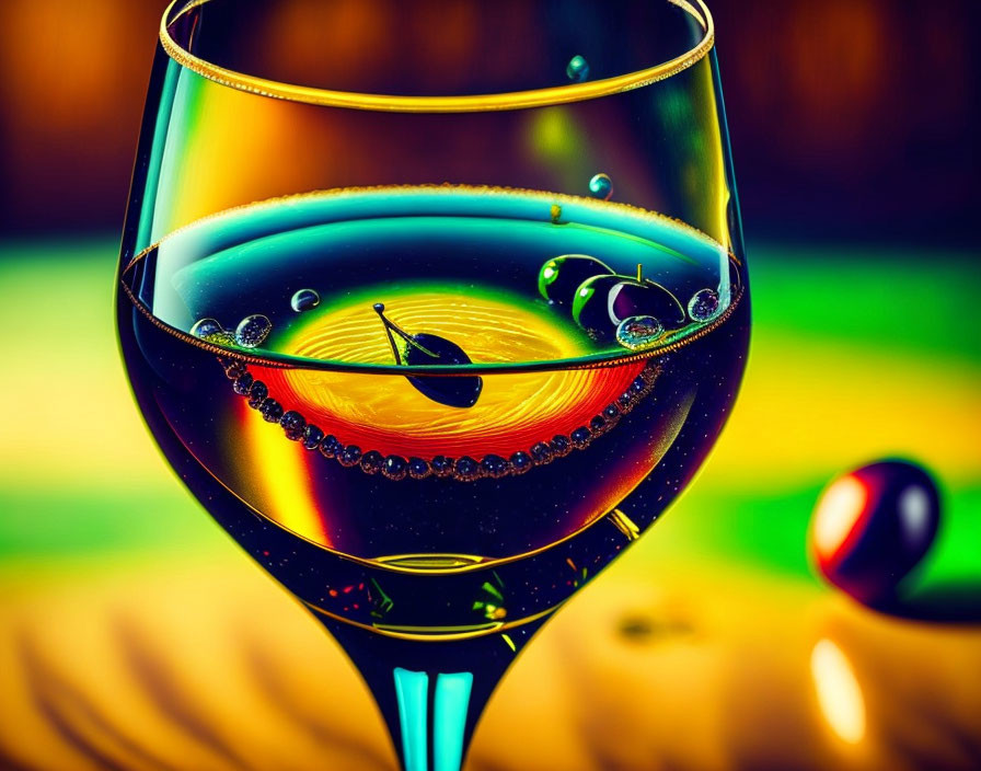 Colorful liquid and bubbles in close-up wine glass with apple stem reflection.