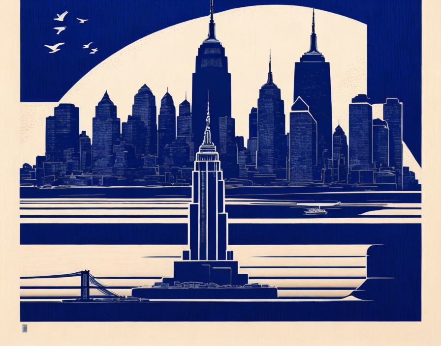 Blue and white graphic illustration of New York City skyline with birds.