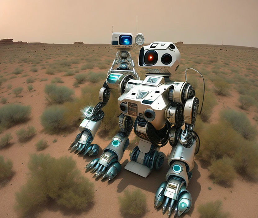 Futuristic humanoid robot with multiple limbs on Mars-like landscape with flying drones