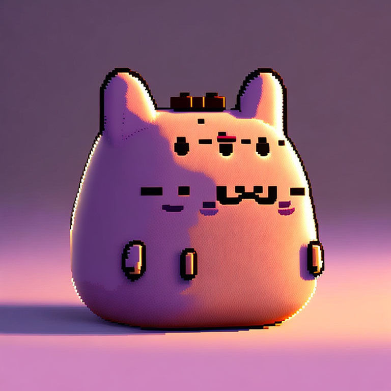 Pink chubby cat-shaped 3D rendering with pixelated texture and warm backlight