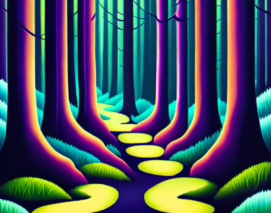 Neon-lit forest with vibrant purple, blue, and yellow foliage