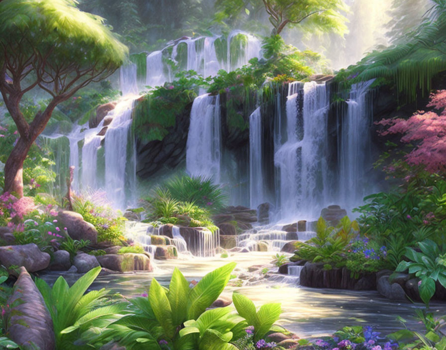 Tranquil digital artwork of lush waterfall and greenery