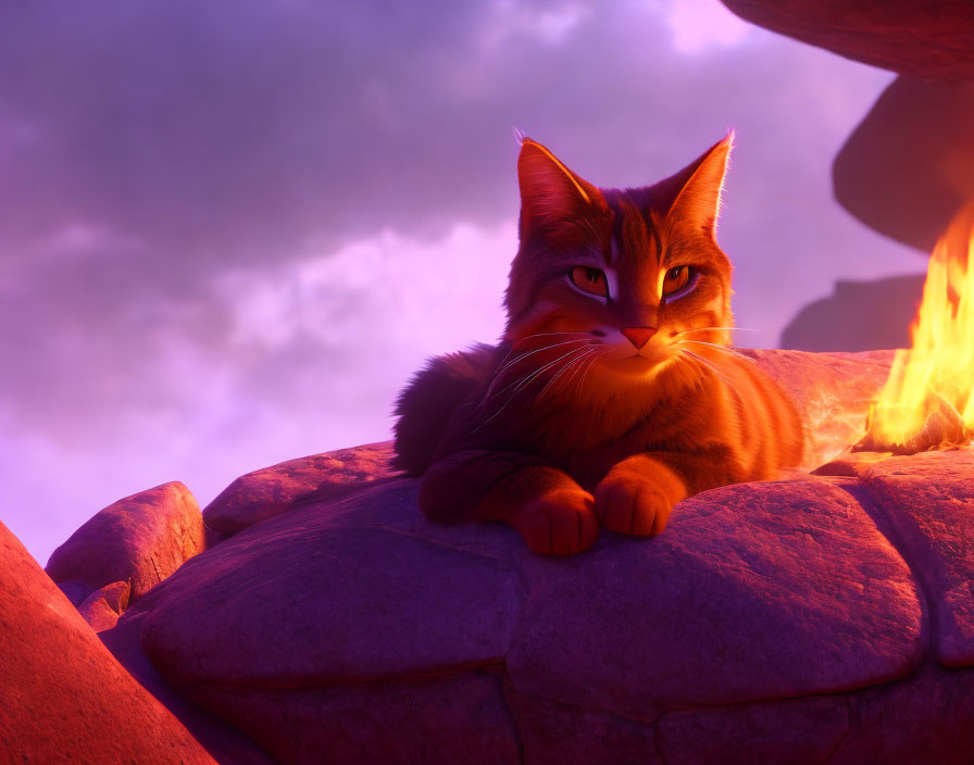 Orange Tabby Cat Lounging on Rocky Ledge with Fire and Purple Sky