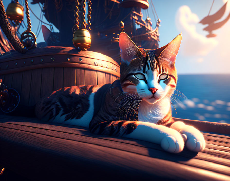 Serene cat with striking markings on wooden deck with ship's wheel and ocean backdrop