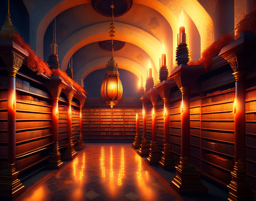 Cozy library with tall bookshelves, lantern, candles, and arched ceiling