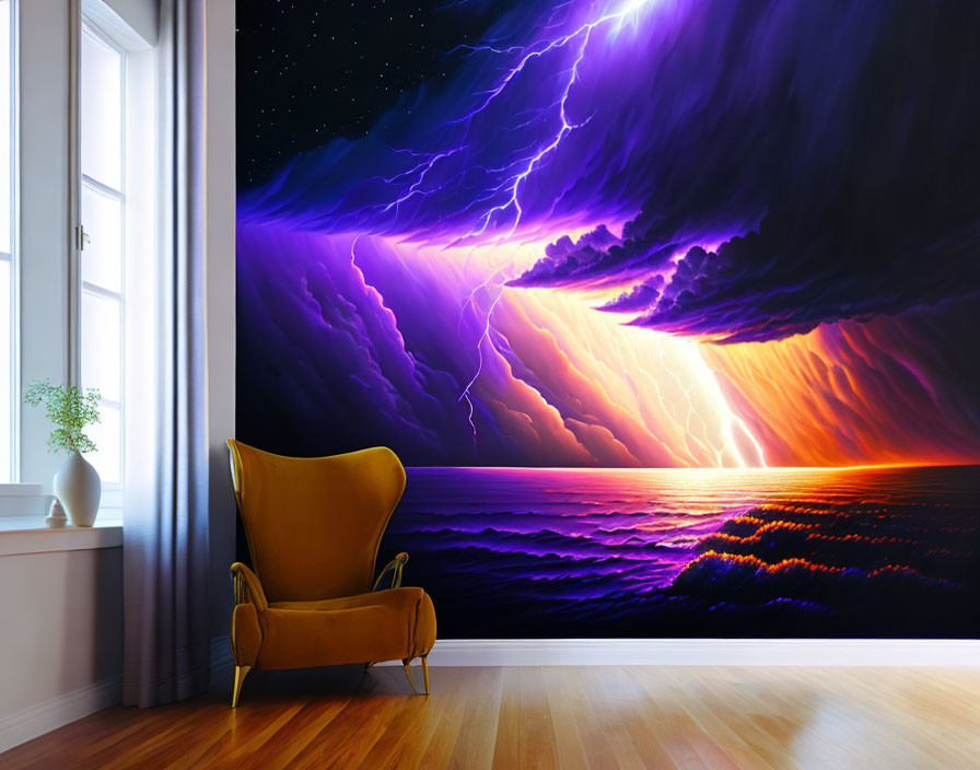 Cozy interior with wooden floor, yellow armchair, and ocean storm mural