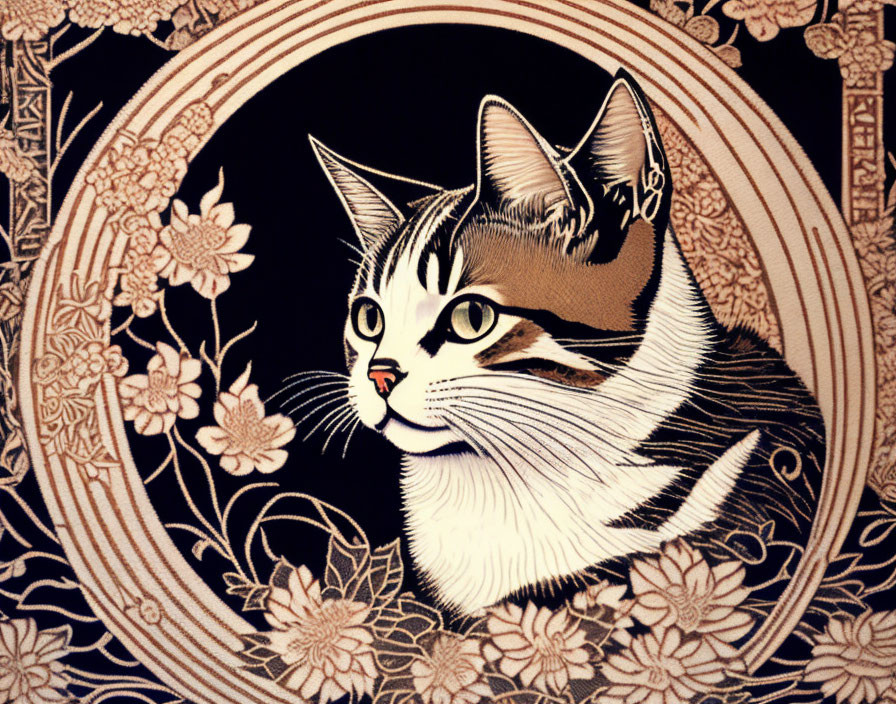 Cat with intricate patterns and floral designs in circular frame on dark background