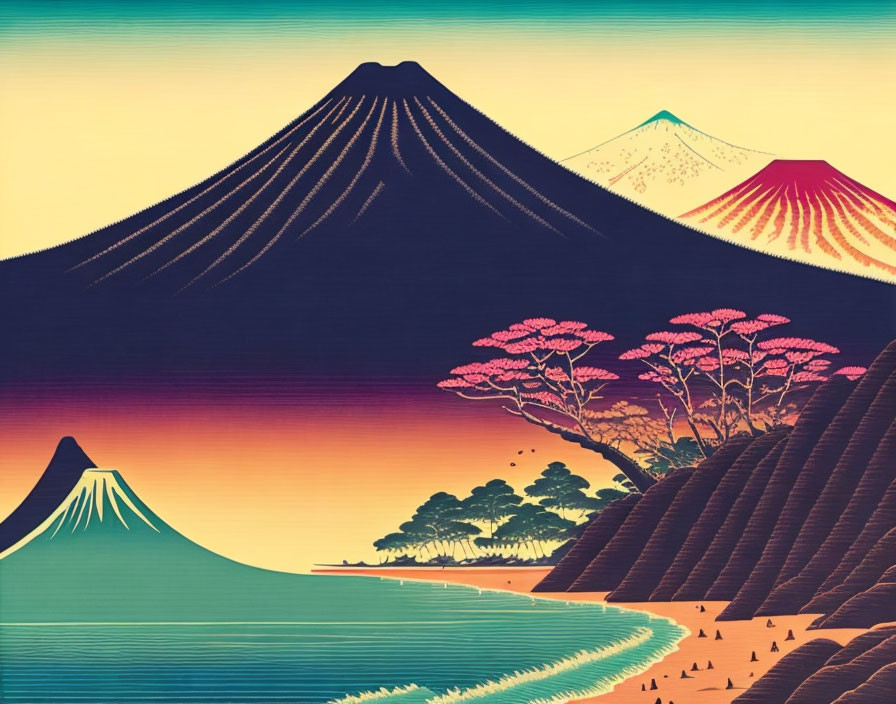 Serene landscape illustration with Mt. Fuji, cherry blossoms, and sunset reflection