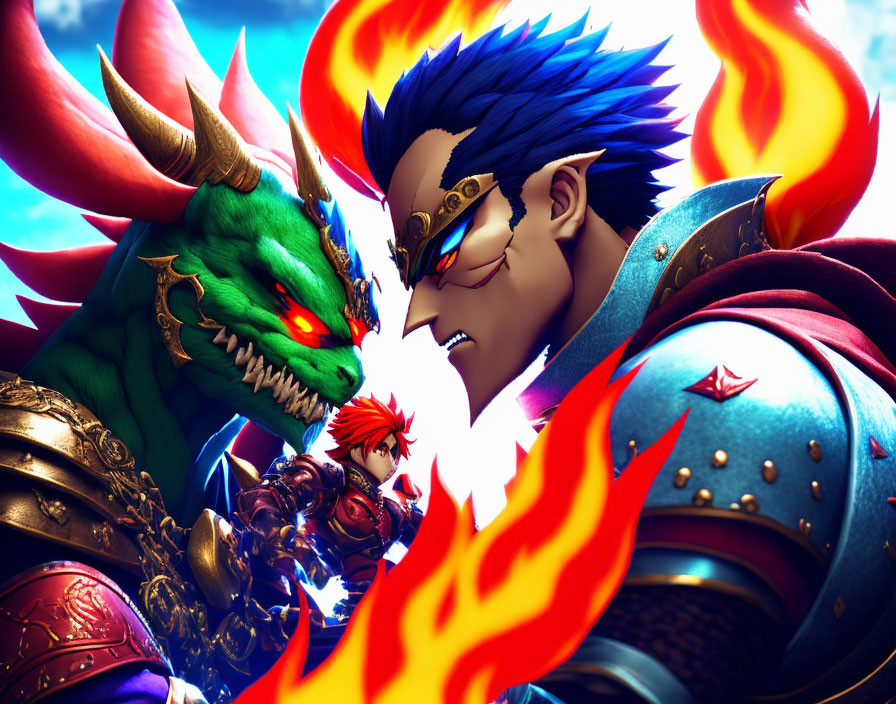 Blue-haired humanoid in golden mask faces off green dragon in dynamic illustration