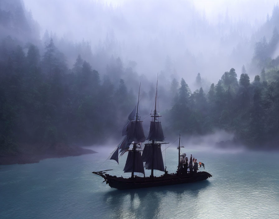 Tall ship with raised sails on misty blue lake amidst foggy forested hills