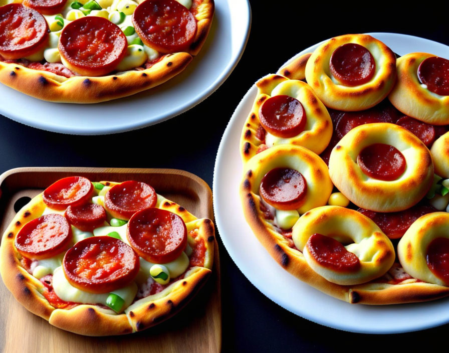 Pepperoni Pizzas with Cheesy Crusts and Green Olives on Wooden Board and Plates