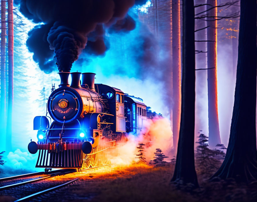 Vintage steam train in forest at night with dramatic lighting and smoke