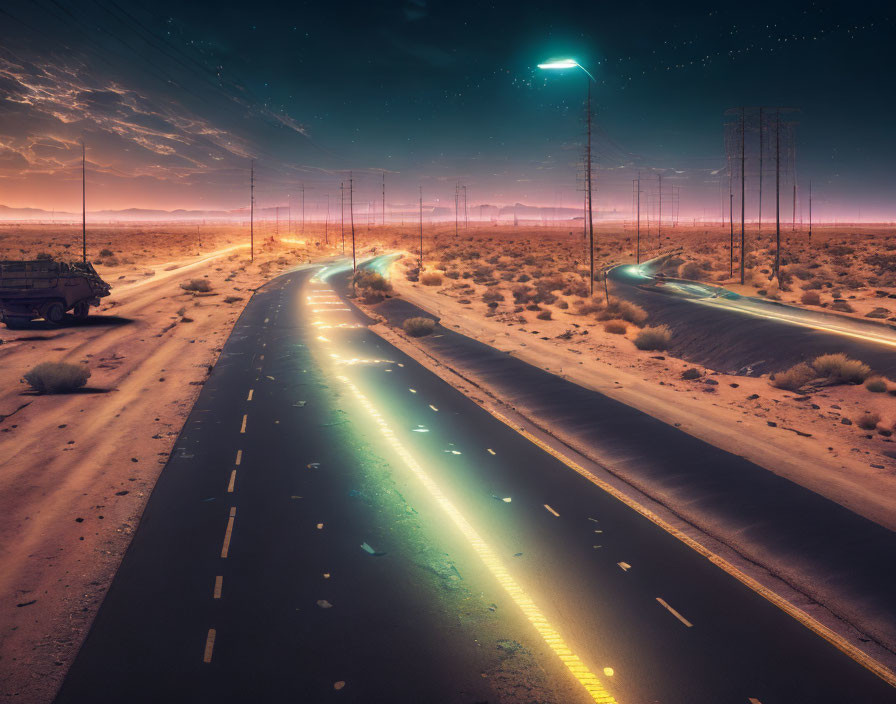 Deserted highway at twilight with abandoned cars and streetlights