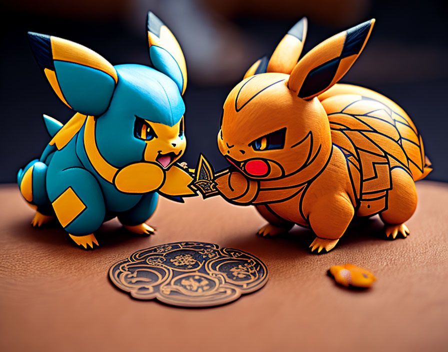 Flareon and Vaporeon Pokémon Figures with Card and Dice on Brown Surface