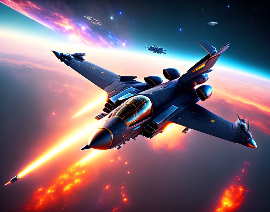 Fiery fighter jet in space battlefield with explosions