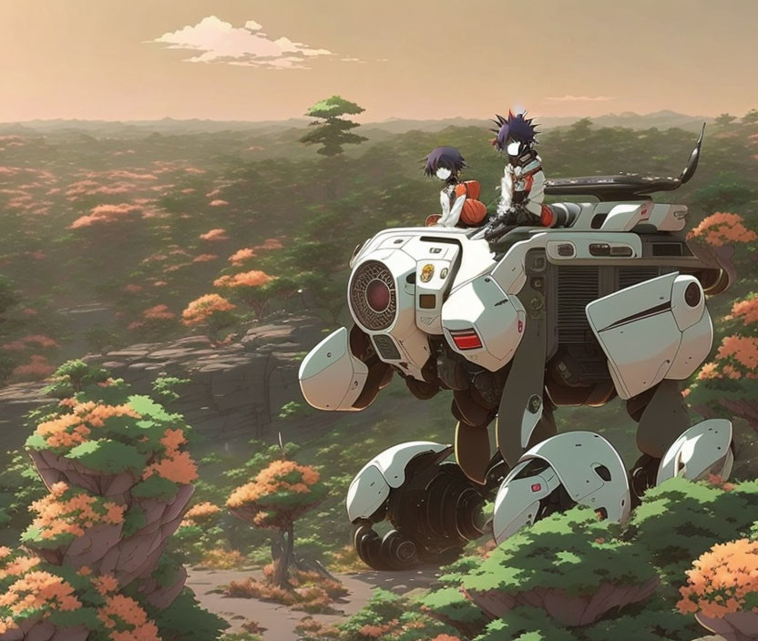 Animated characters on large robot admire serene sunset landscape