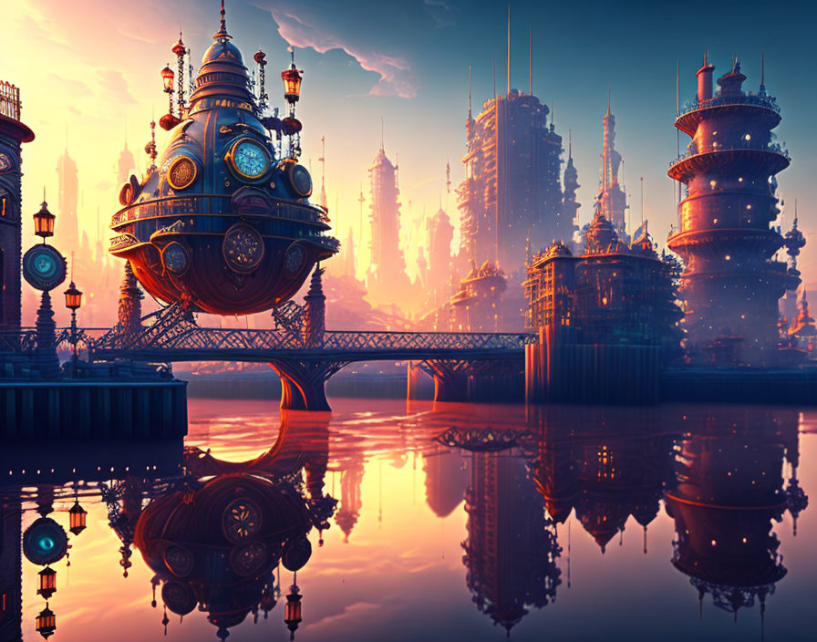 Futuristic cityscape with ornate towers and spherical structures at sunset or sunrise