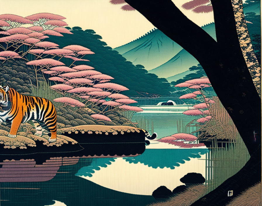 Tiger in Japanese woodblock print style with Mt. Fuji and pink foliage