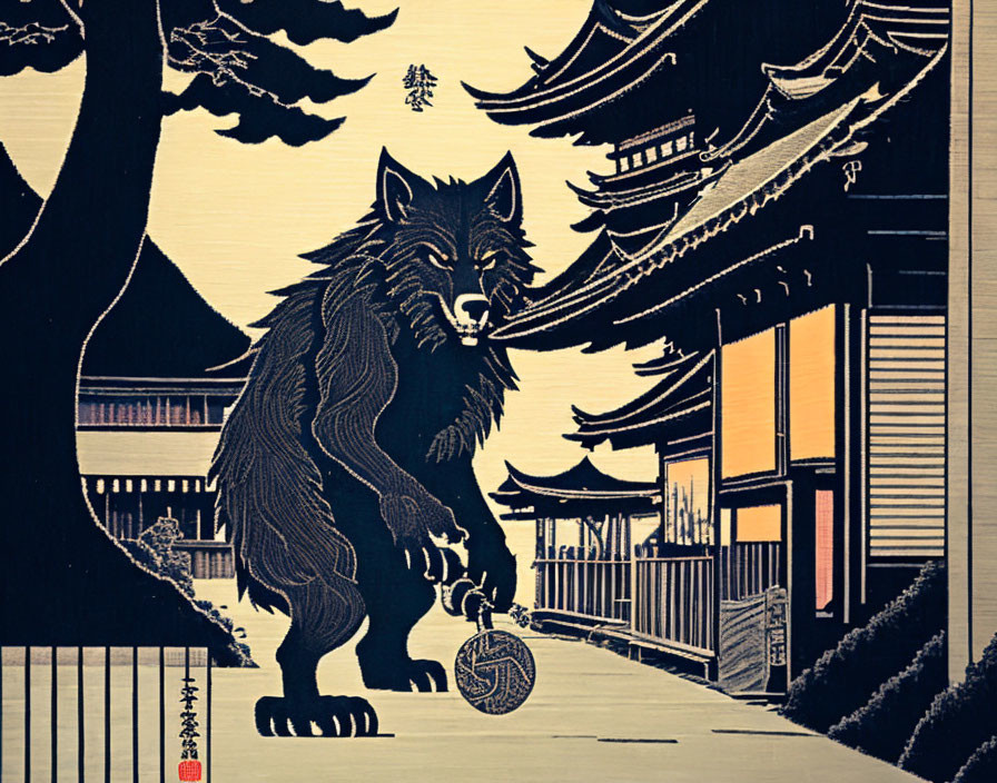 Illustration of a wolf holding a scroll with Japanese temple in background