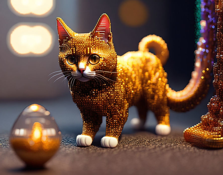 Golden mosaic cat with shiny sphere and blurred lights.