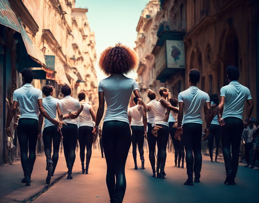 Group of people in white shirts and dark pants led by person with afro