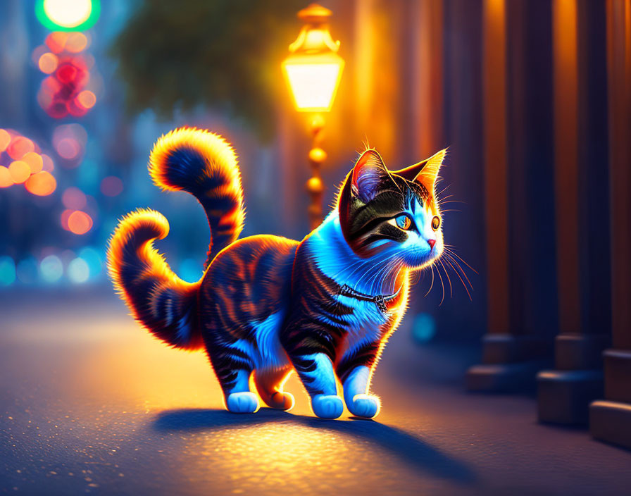 Cat with unique fur patterns under warm street lights on cobblestone road at dusk