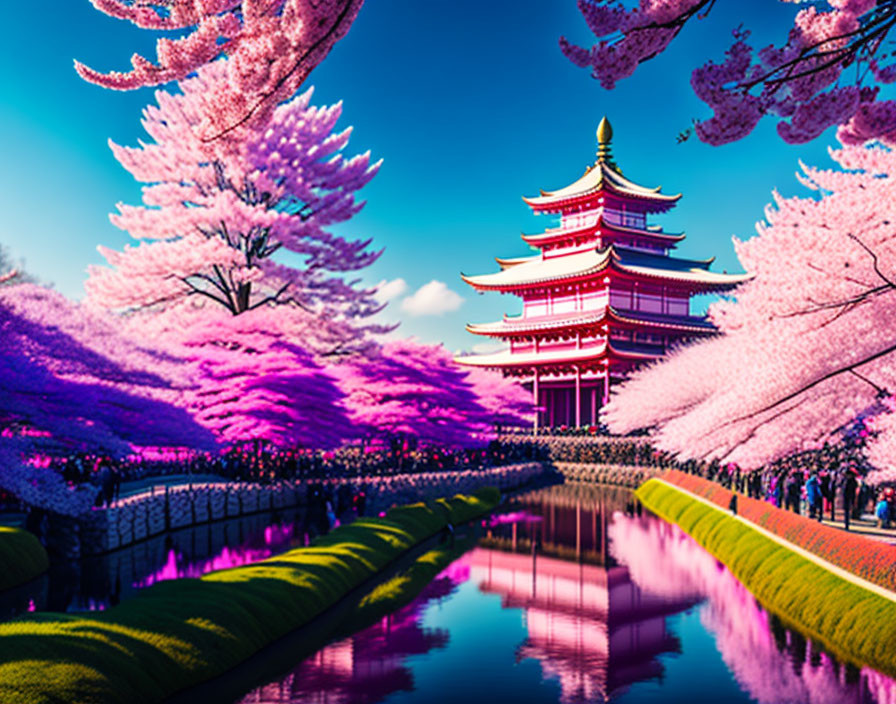 Red Pagoda Amid Cherry Blossoms and Blue Sky Reflection in Water Canal