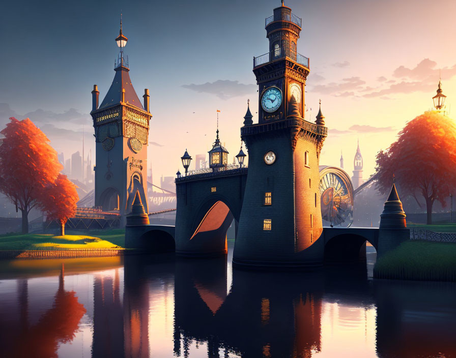 Fantasy digital artwork of clock tower bridge at sunset