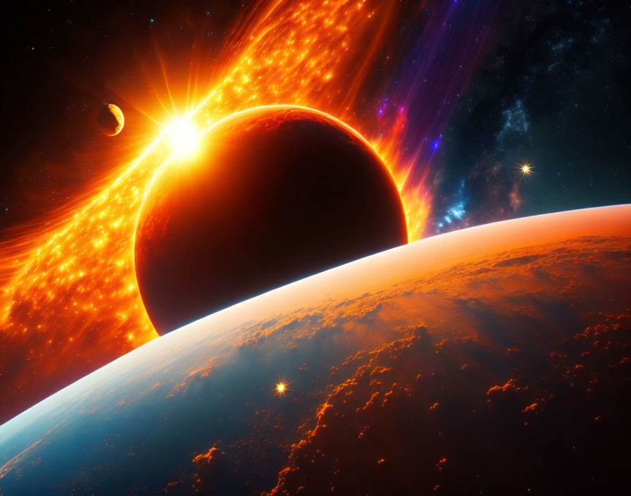 Radiant sun rising behind dark planet in fiery space scene