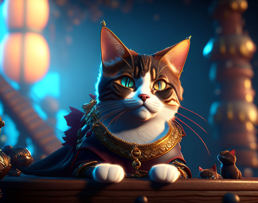 Regal animated cat in lavish costume against warm lantern backdrop