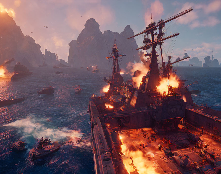 Naval Battle Scene: Burning Ship, Small Boats, Dramatic Sky & Rock Formations