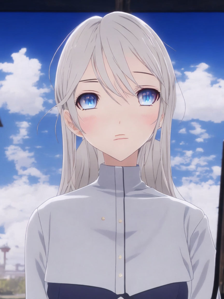 Anime girl with long silver hair and blue eyes in light blue shirt against blue sky with clouds.