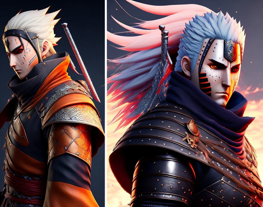 Fictional warrior character with vibrant hair and traditional armor in sunset backdrop