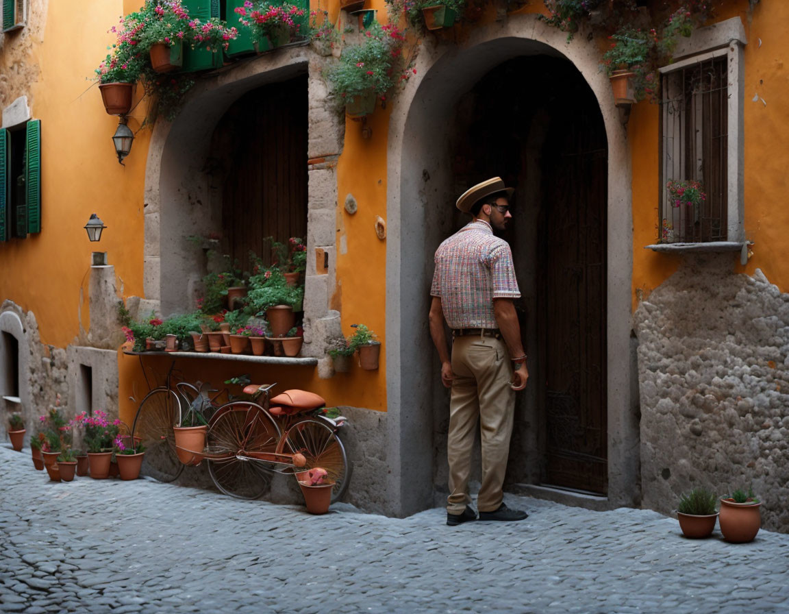 Man in straw hat at weathered doorway with bicycle and potted plants