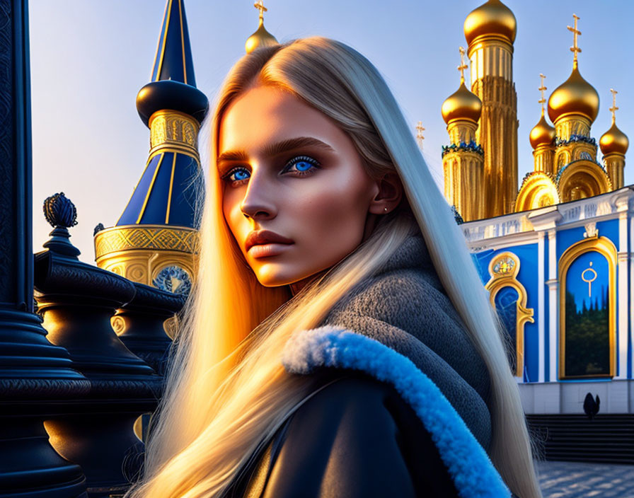 Digitally enhanced portrait of a woman with striking blue eyes against golden domes and blue architecture