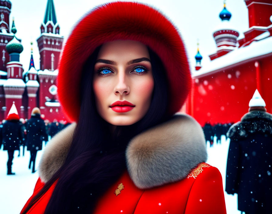 Woman with blue eyes in red coat against snowy Moscow backdrop