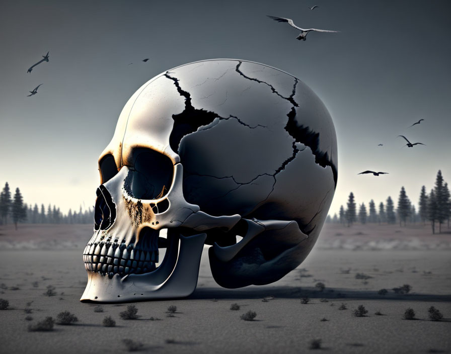 Surreal large skull on cracked Earth with birds in barren landscape