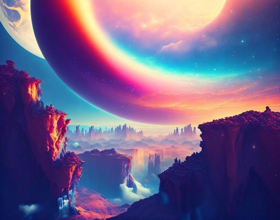 Colorful Alien Landscape with Ringed Planet, Canyon, Waterfalls, and Starry Sky