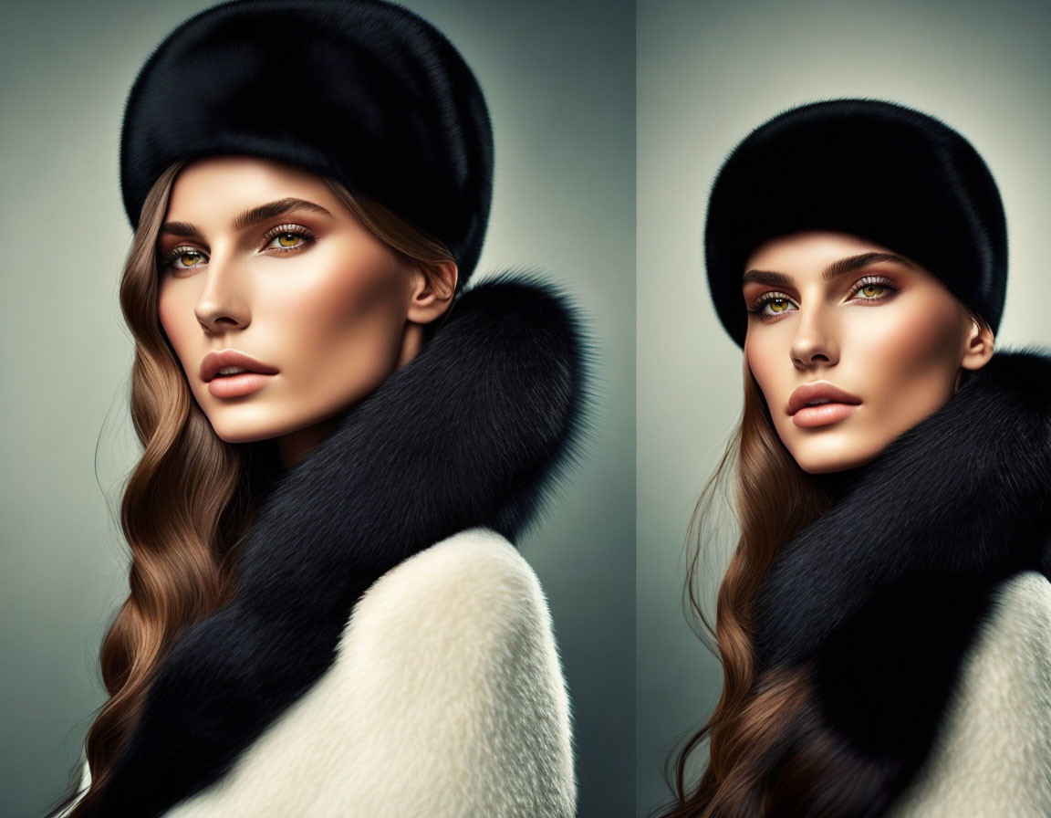 Striking makeup woman in beret and fur stole in dual portraits